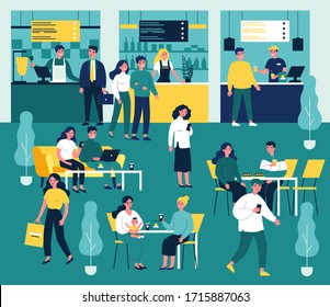 Young people eating at fast food restaurant flat vector illustration. Man and woman having lunch at cafe or cafeteria. Character sitting at table, using digital device. Lifestyle and leisure concept.