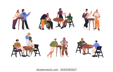 Young people eating out at outdoor tables, sitting in chairs with street food, drinks, snacks. Characters relaxing, resting outside in summer. Flat vector illustrations isolated on white background