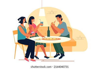 Young people eating pizza in Pizzeria or fast food restaurant and enjoying dinner and communication, flat vector illustration isolated on white background.