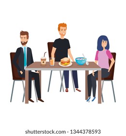 young people eating in table characters