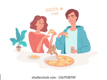 Young people eating tasty pizza with their funny cat vector illustration