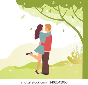 Young people embarrassing in green spring park. Vector cartoon characters male and female standing on one leg and gently hugging each other. Couple in love