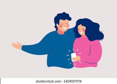 Young people embrace each other and hold smartphone for texting, talking, listening to music, taking selfie. Flat vector concept of smartphone usability and refer a friend.