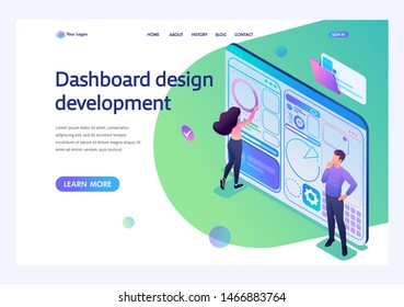 Young people are engaged in the Dashboard design development. Concept of modern technology. 3d isometric. Landing page concepts and web design