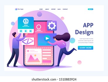Young people are engaged in mobile application design, website pages development. Flat 2D character. Landing page concepts and web design