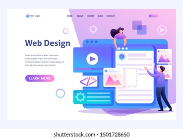 Young people are engaged in web design, website page development. Flat 2D character. Landing page concepts and web design