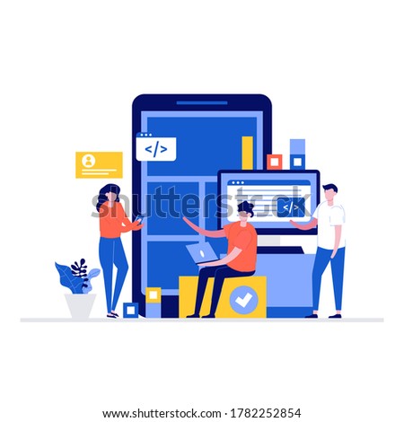 Young people are engaged in web design, website page development. Modern flat style for landing page, mobile app, poster, flyer, template, web banner, infographics, hero images.