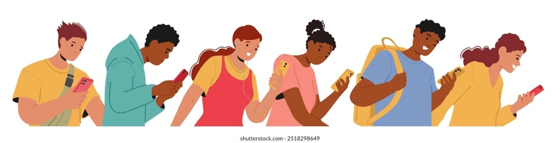 Personas Jóvenes Que Se Comprometen Con Sus Smartphones. Diversos Personajes Masculinos Y Femeninos Están Sonriendo Y Totalmente Absortos En Sus Dispositivos Digitales Aislados Sobre Fondo Blanco. Ilustración vectorial de dibujos animados