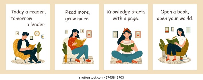 Young people enjoy reading for learning and personal growth, web banners
