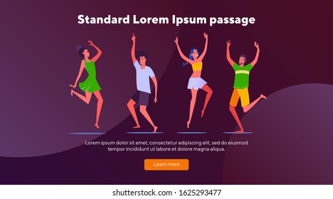 Young people enjoying party. Dancing, having fun, students flat vector illustration. Disco, festival, night concept for banner, website design or landing web page