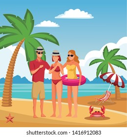 Young people enjoying summer in swimsuit cartoons in beach at sunny day scenery vector illustration