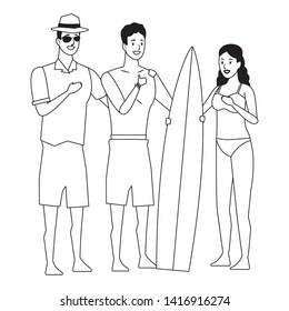 Young people enjoying summer in swimsuit with surf table cartoons vector illustration graphic design