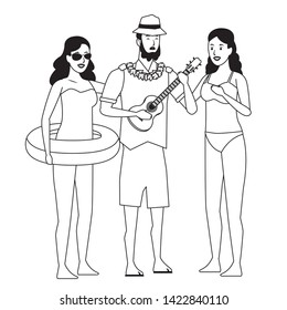 Young people enjoying summer in swimsuit playing guitar cartoons vector illustration graphic design