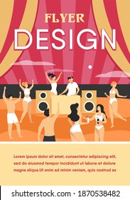 Young people enjoying tropical sunset party with DJ. Girls and guys wearing swimsuits dancing to music on beach. Vector illustration for summer vacation, friendship, fun concept