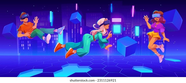 Young people enjoying virtual reality experience in vr headsets. Vector cartoon illustration of happy guy and girls floating in air against metaverse cityscape background, using modern technology