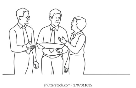 Young people examines a document. Line drawing vector illustration.