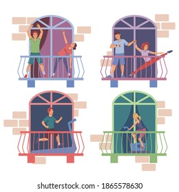 Young people exercising at home on balcony set. Happy women and men cycling on bicycle, running, stretching in house. Relaxing sport activity vector illustration. City modern apartment view.