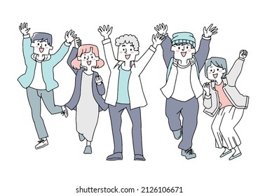  Young people expressing joy, comical handwritten person illustrations, vector line drawings with simple coloring, white background