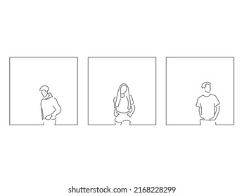 Young people expressing love in line art drawing style. Composition of three persons gesturing. Black linear sketch isolated on white background. Vector illustration design.