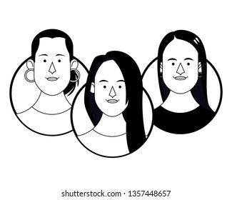 Young people face round icons in black and white