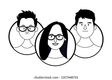 Young people face round icons in black and white