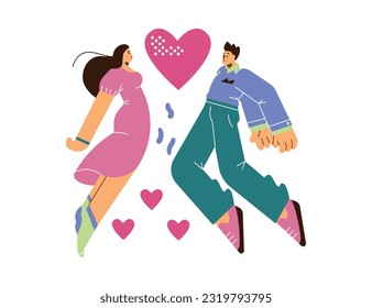 Los jóvenes se enamoran de la ilustración vectorial de dibujos planos aislados en fondo blanco. La pareja romántica siente atracción y amor, hombre y mujer rodeados de corazones.