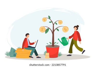Young people or family watering money tree, investment, family budget, money saving concept, flat vector illustration.