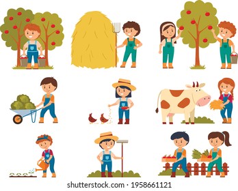 Young people at farm vector, farmers with cow, girl feeding chickens, boy and girl with apple basket, harvesting season. Set vector illustration.