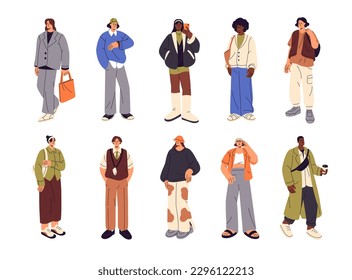 Young people in fashion outfits set. Modern men, women wearing stylish trendy apparel, casual clothes, accessories in urban street style. Flat vector illustrations isolated on white background