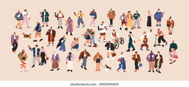 Young people in fashion outfits set. Tiny male and female characters walking in trendy apparel, modern style. Stylish men, women trendsetters in casual clothes. Isolated flat vector illustrations