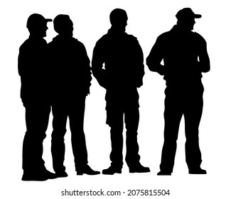 Young people in fashionable clothes on the street. Isolated silhouettes on white background