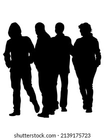 Young people in fashionable clothes on the street. Isolated silhouettes on white background