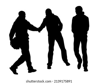 Young people in fashionable clothes on the street. Isolated silhouettes on white background