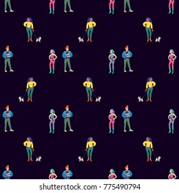 Young people in fashionable clothes walk with their pets. Seamless pattern.