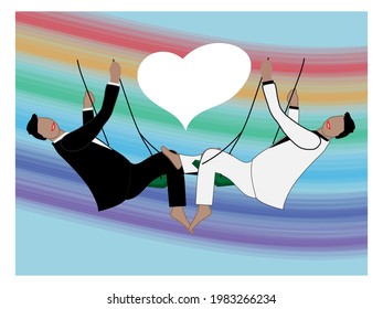 young people in festive costumes swing on a swing. Beloved men with a big heart on a swing and on a rainbow background. Holiday card, wedding invitation, LGBTD + community.