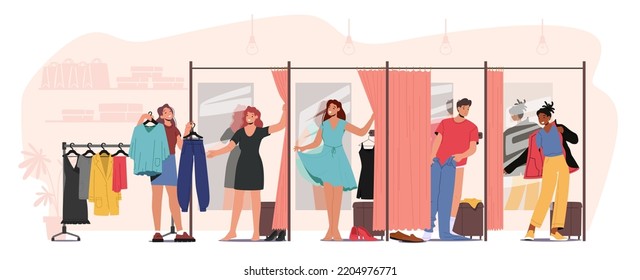 Young People in Fitting Room, Men and Women Trying on Closes in Changeroom at Store, Sales Woman Assistant Help to Choose Apparel to Customers Stand in Cabin with Mirror. Cartoon Vector Illustration