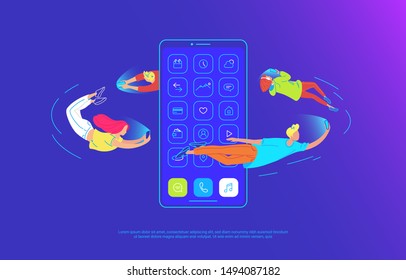 Young people are flying around of big smartphone and using their own smart phones for reading news and chatting to friends. Gradient concept vector illustration of usability of mobile phone and apps