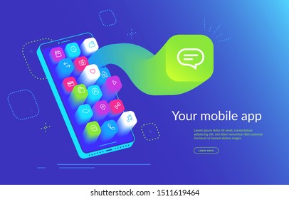 Young people are flying around of big smartphone and using their own smart phones for reading news and chatting to friends. Gradient concept vector illustration of usability of mobile phone and apps