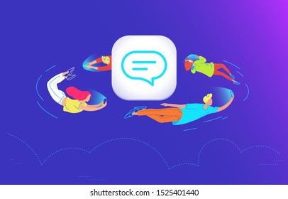 Young people are flying around of big mobile app icon and using their own smart phones for reading news and chatting to friends. Gradient concept vector illustration for app promotion and presentation