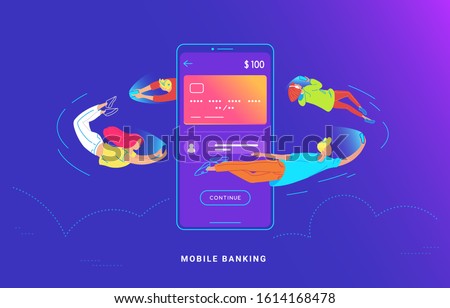 Young people are flying around a big smartphone and using their phones for banking and online sending money from credit card via e-wallet app. Gradient concept vector illustration of mobile banking