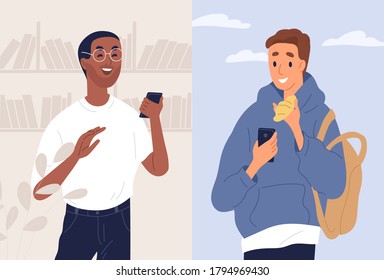 Young people, friends chatting by messenger. Teenager reading, receiving funny message, joke, trick, prank by smartphone on april fools day. Multiracial friendship. Flat vector cartoon illustration