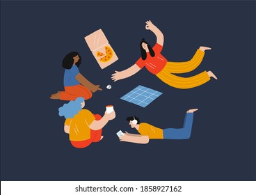 Young people, friends play board games, night games