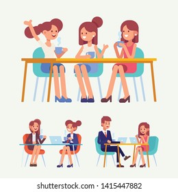 Young  people, friends sitting and  drinking coffee in cafe and having fun. Flat style vector characters.