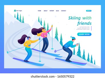 Young people friends skiing, relaxing in the mountains, friendship. Flat 2D character. Landing page concepts and web design