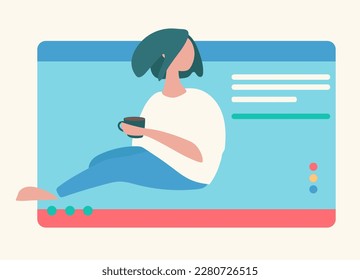 Young people in front of a computer screen. line illustrations, Flat style, isolated vector element, hand lettering