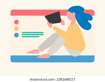 Young people in front of a computer screen. line illustrations, Flat style, isolated vector element, hand lettering