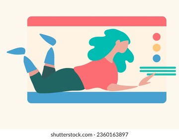 Young people in front of a computer screen. line illustrations, Flat style, isolated vector element, hand lettering