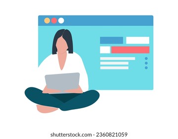 Young people in front of a computer screen. line illustrations, Flat style, isolated vector element, hand lettering