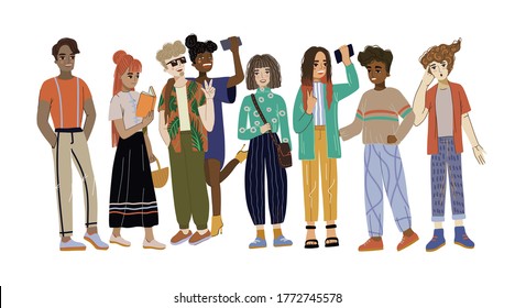 Young people, full-length students in various poses. Cute flat cartoon illustrations.