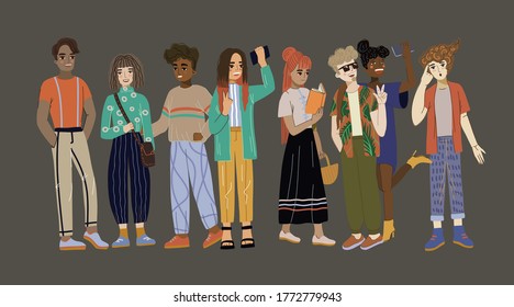 Young people, full-length students in various poses. Cute flat cartoon illustrations.